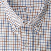 Close-up of the Tom Beckbe Ensley Pinpoint Oxford Shirt in blue and brown plaid on a white background.