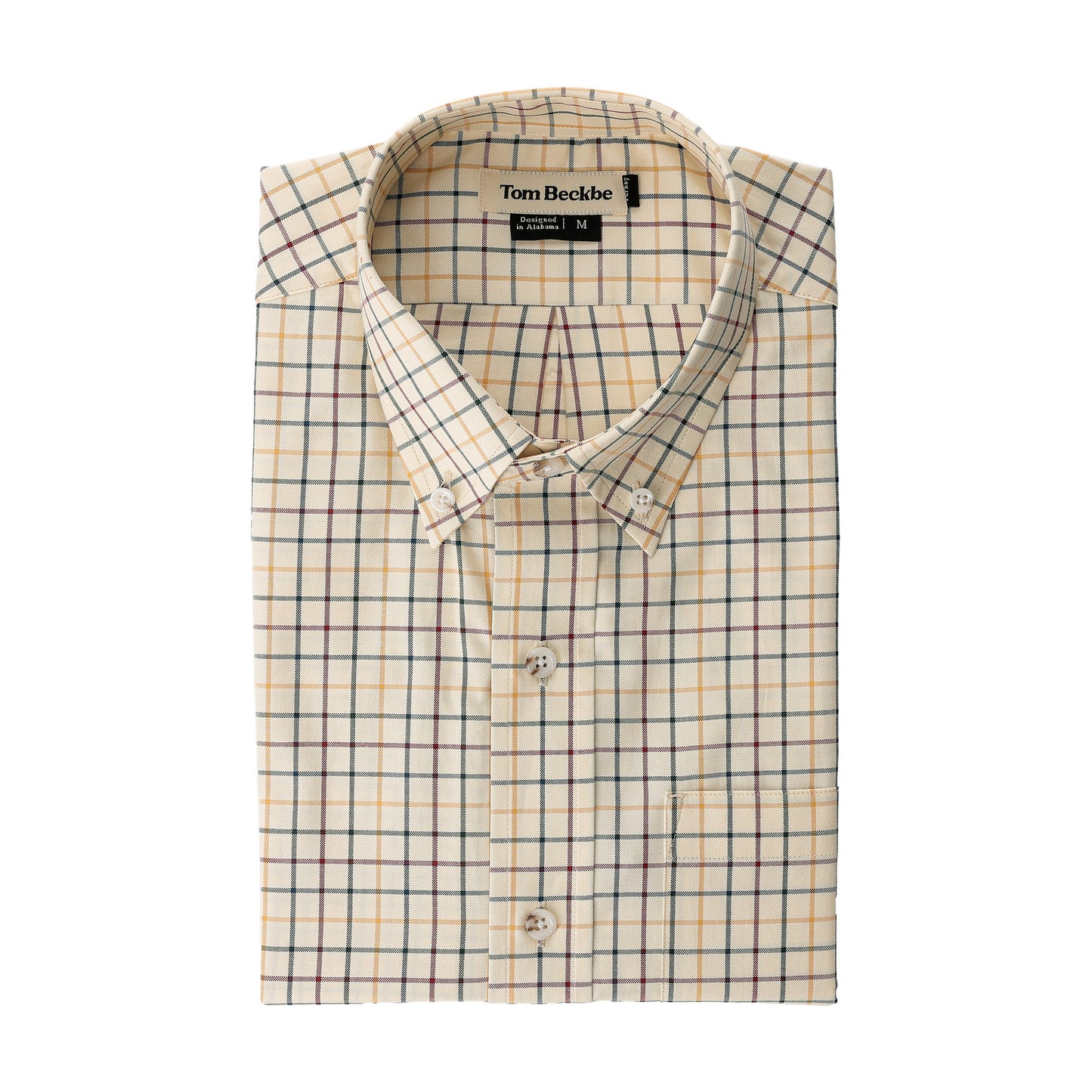 Tom Beckbe Ensley Pinpoint Oxford Shirt, plaid cotton, beige/blue/brown checks, front pocket, label on collar.
