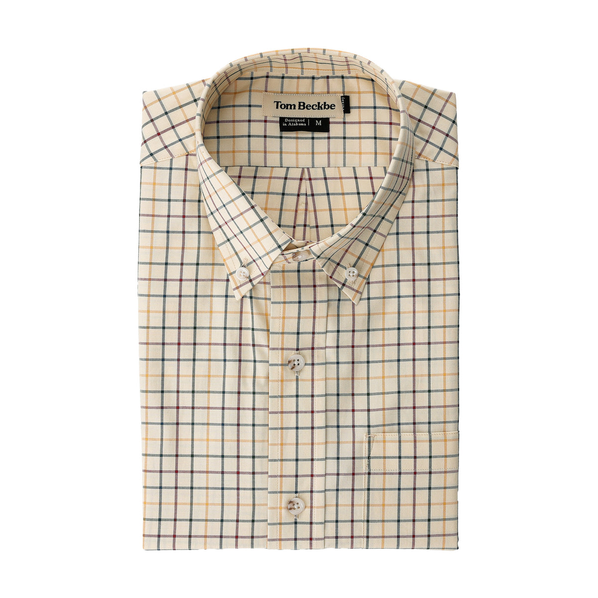 Tom Beckbe Ensley Pinpoint Oxford Shirt, plaid cotton, beige/blue/brown checks, front pocket, label on collar.