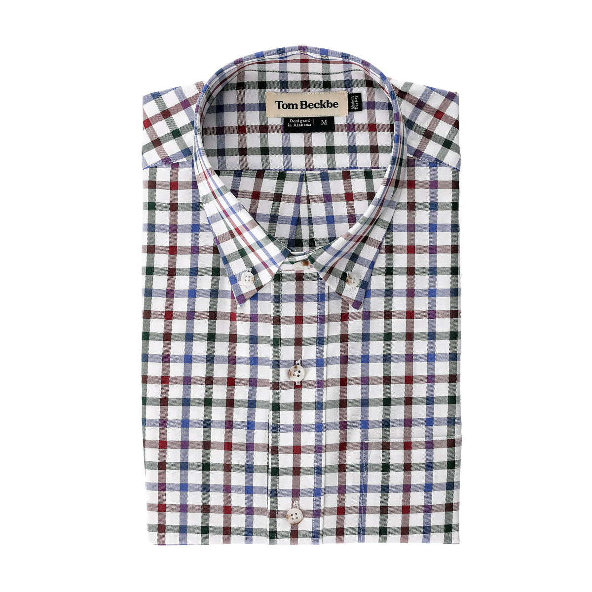 Ensley Pinpoint Oxford Shirt by Tom Beckbe in plaid with red, green, blue, and black on crisp white cotton.