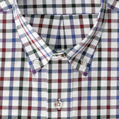 Close-up of the Tom Beckbe Ensley Pinpoint Oxford Shirt featuring multicolor plaid in blue, red, green, and white.
