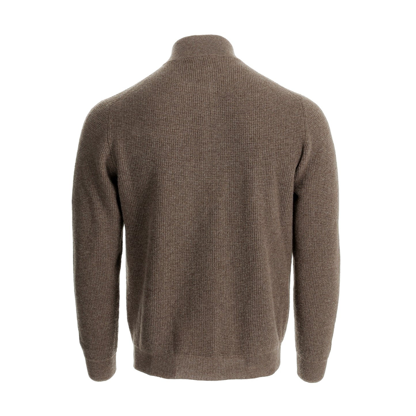 Tom Beckbe Farris Waffle Knit Quarter Zip, men’s brown wool sweater, long-sleeve, back view on white.