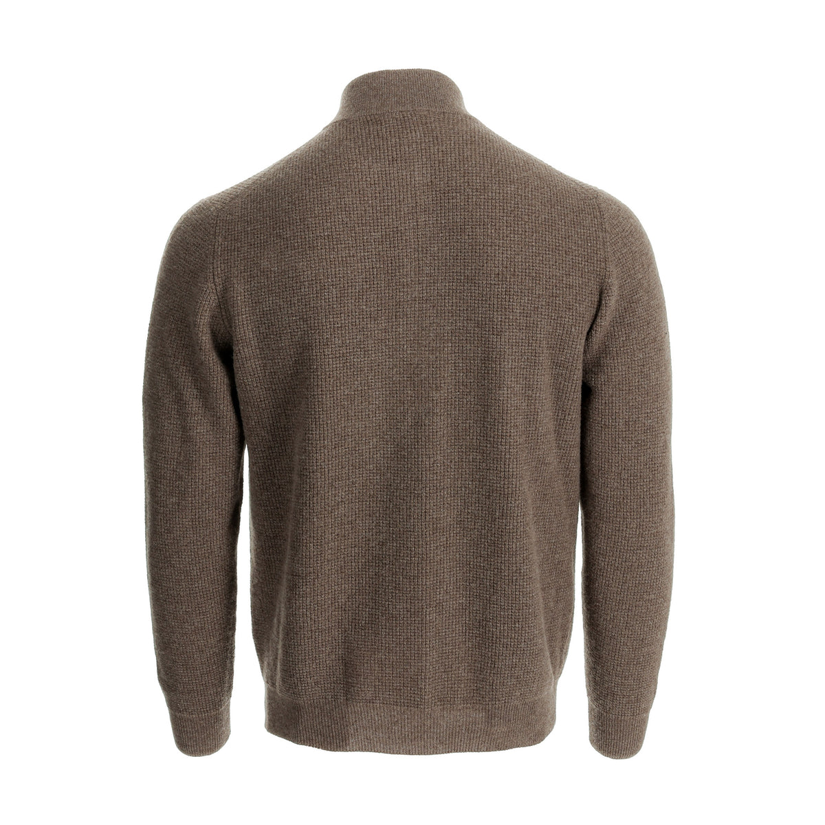 Tom Beckbe Farris Waffle Knit Quarter Zip, men’s brown wool sweater, long-sleeve, back view on white.
