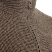 Close-up of the Tom Beckbe Farris Waffle Knit Quarter Zip featuring a brown knit and small metal half-zip pull.