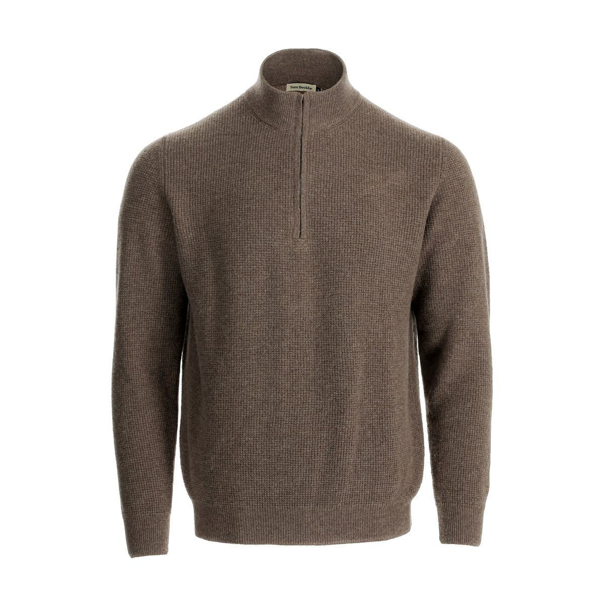 Tom Beckbe Farris Waffle Knit Quarter Zip: a brown men’s wool sweater with stand-up collar, perfect for cold weather.