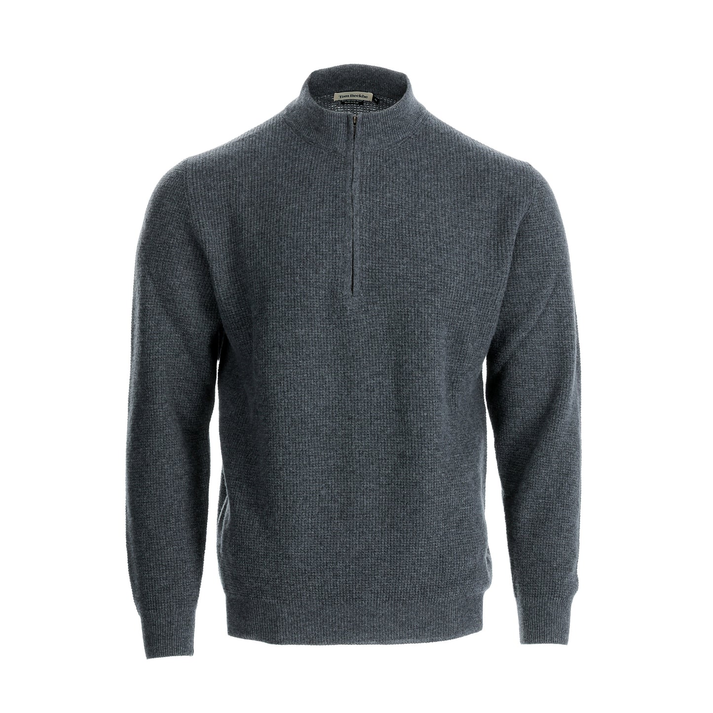 Tom Beckbe Farris Waffle Knit Quarter Zip—a textured gray sweater that’s a must-have cold-weather staple.