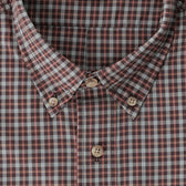 Close-up of Tom Beckbe’s Powell Performance Shirt in red, white & blue plaid with beige buttons and UPF 30+ protection.