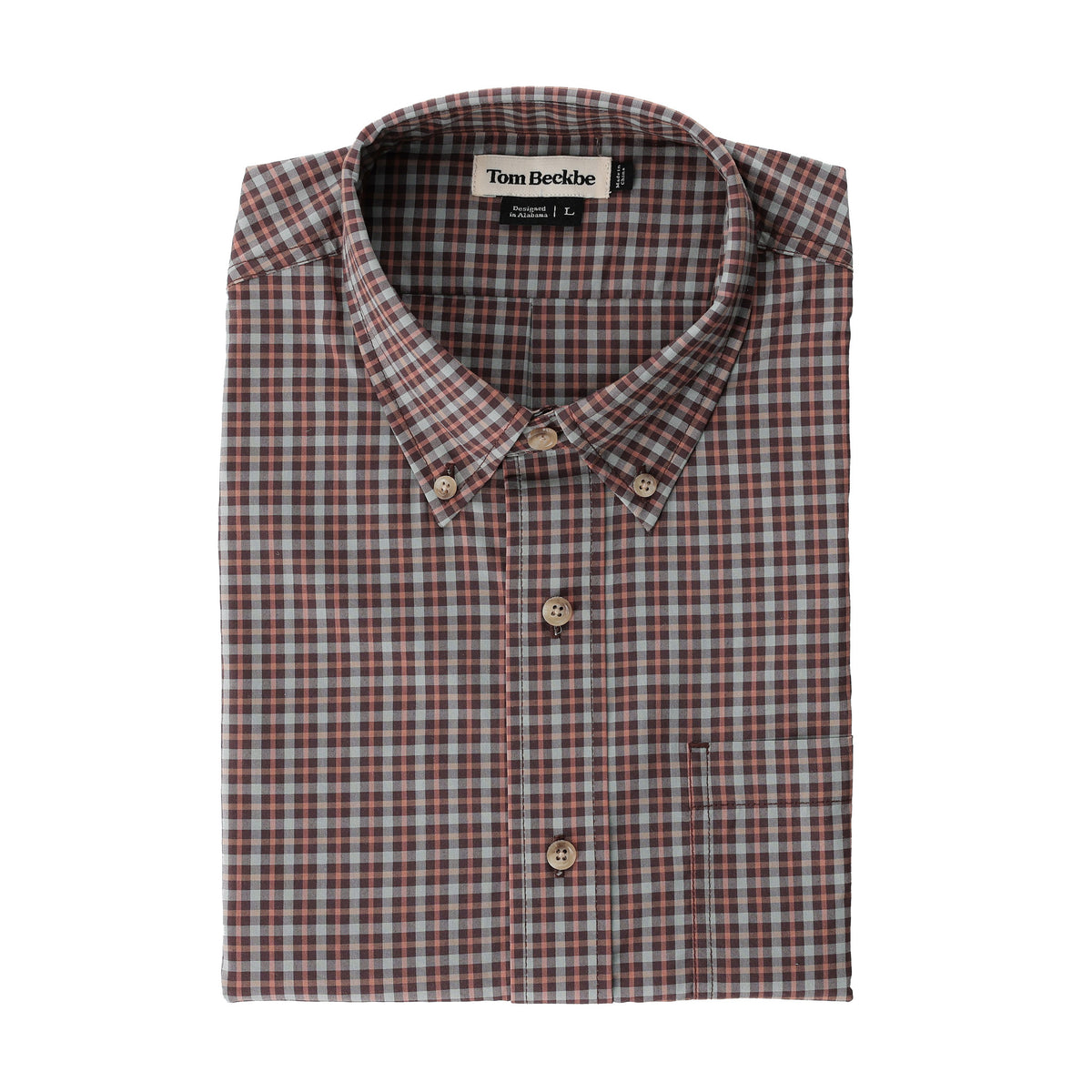 Folded Tom Beckbe Powell Performance Shirt, brown/blue/white plaid, collared, lightweight, size large.