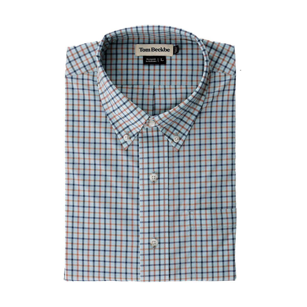 Tom Beckbe Powell Performance Shirt: blue/orange/white checks, lightweight, UPF 30+ protection.