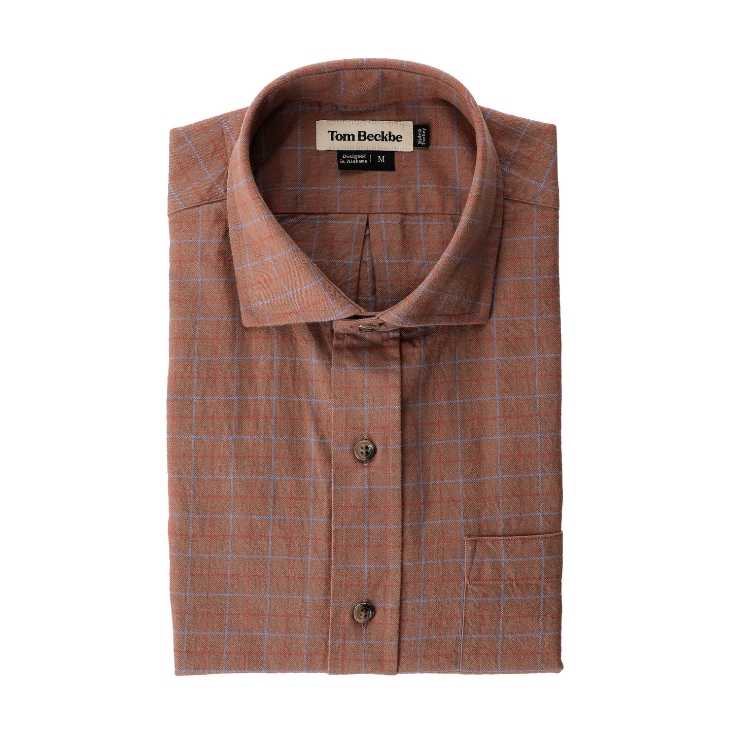 Folded Prescott Estate Twill Shirt by Tom Beckbe: brown plaid, cotton, collared, two buttons, interior label visible.
