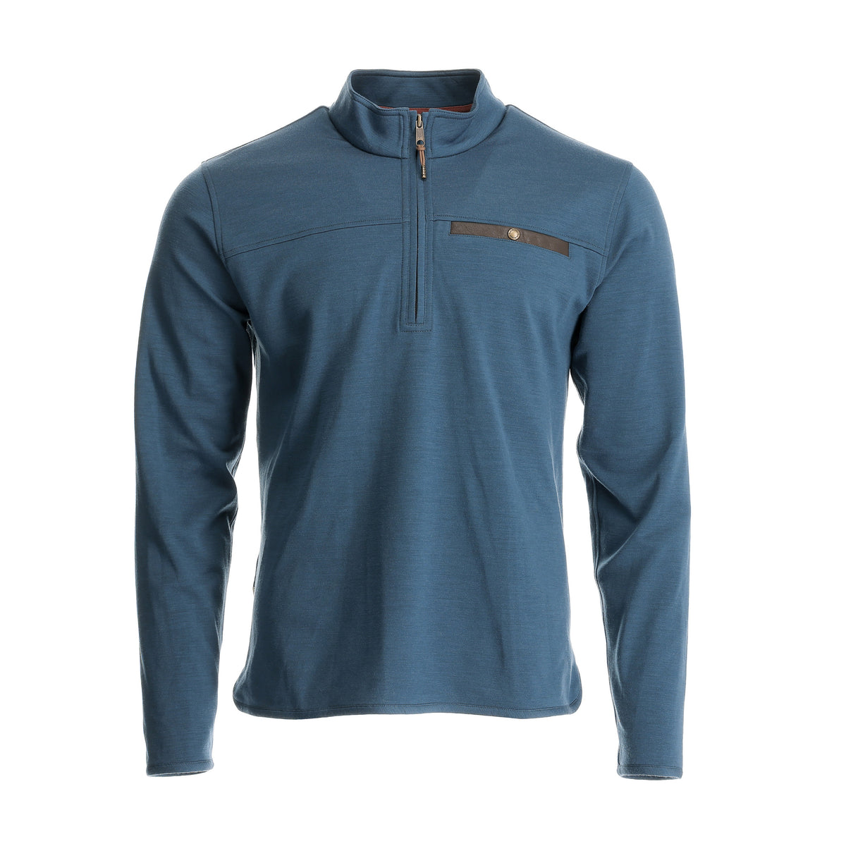 Tom Beckbe Tucker Fleece Quarter Zip for men: blue, stand collar, chest pocket—perfect three-season pullover layer.