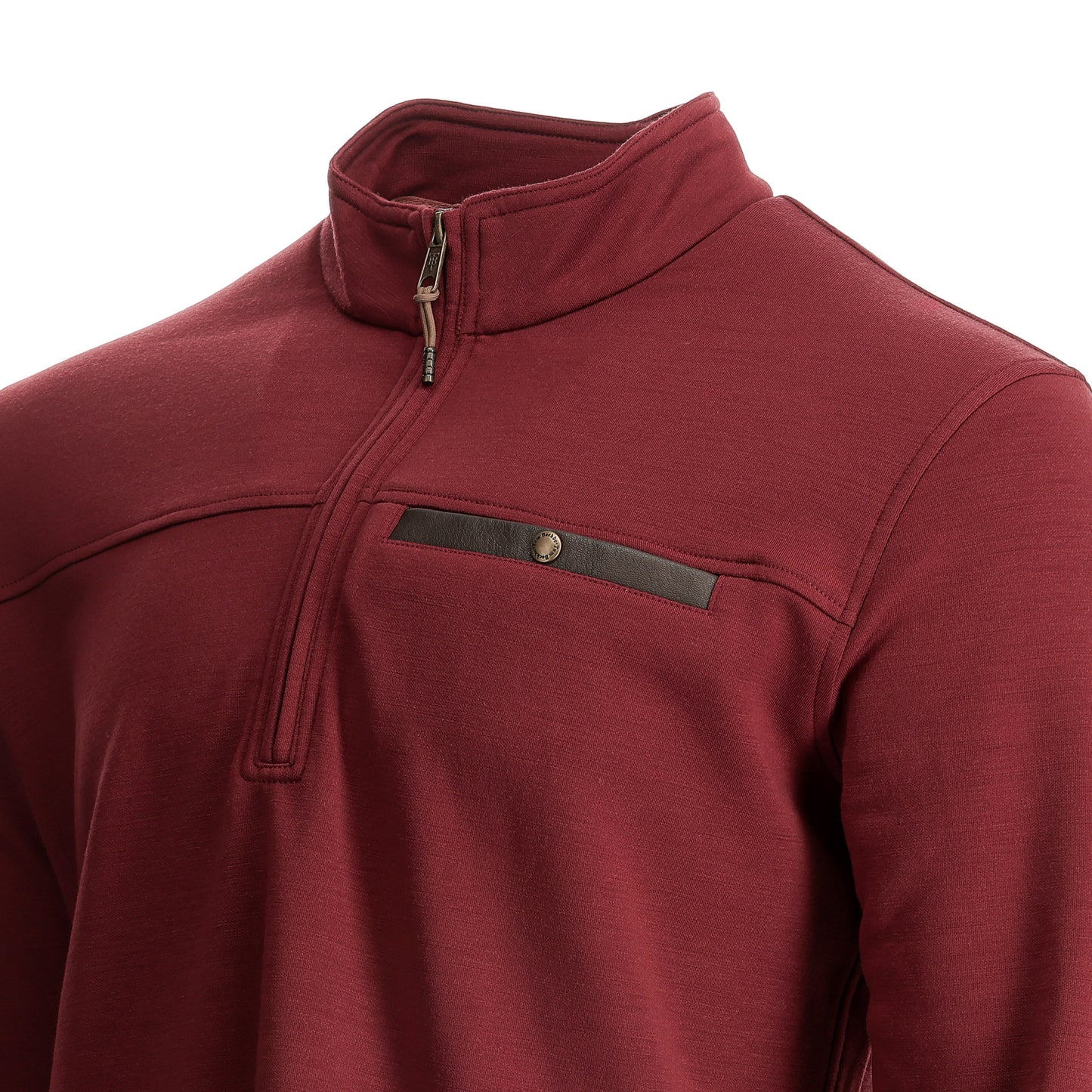 Tom Beckbe Tucker Fleece Quarter Zip: maroon wool blend with zip collar, chest pocket, leather accent, and button.
