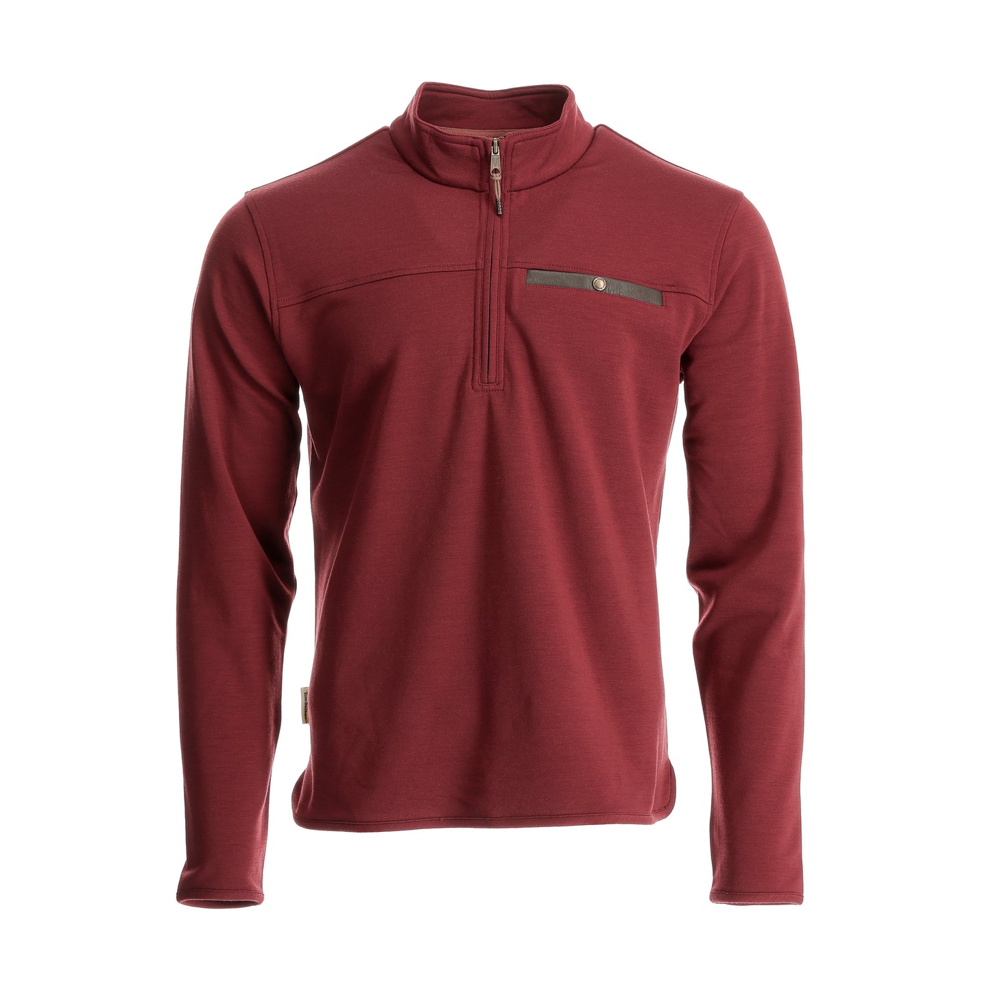 Tom Beckbe Tucker Fleece Quarter Zip: Maroon, chest pocket, versatile three-season pullover on white background.