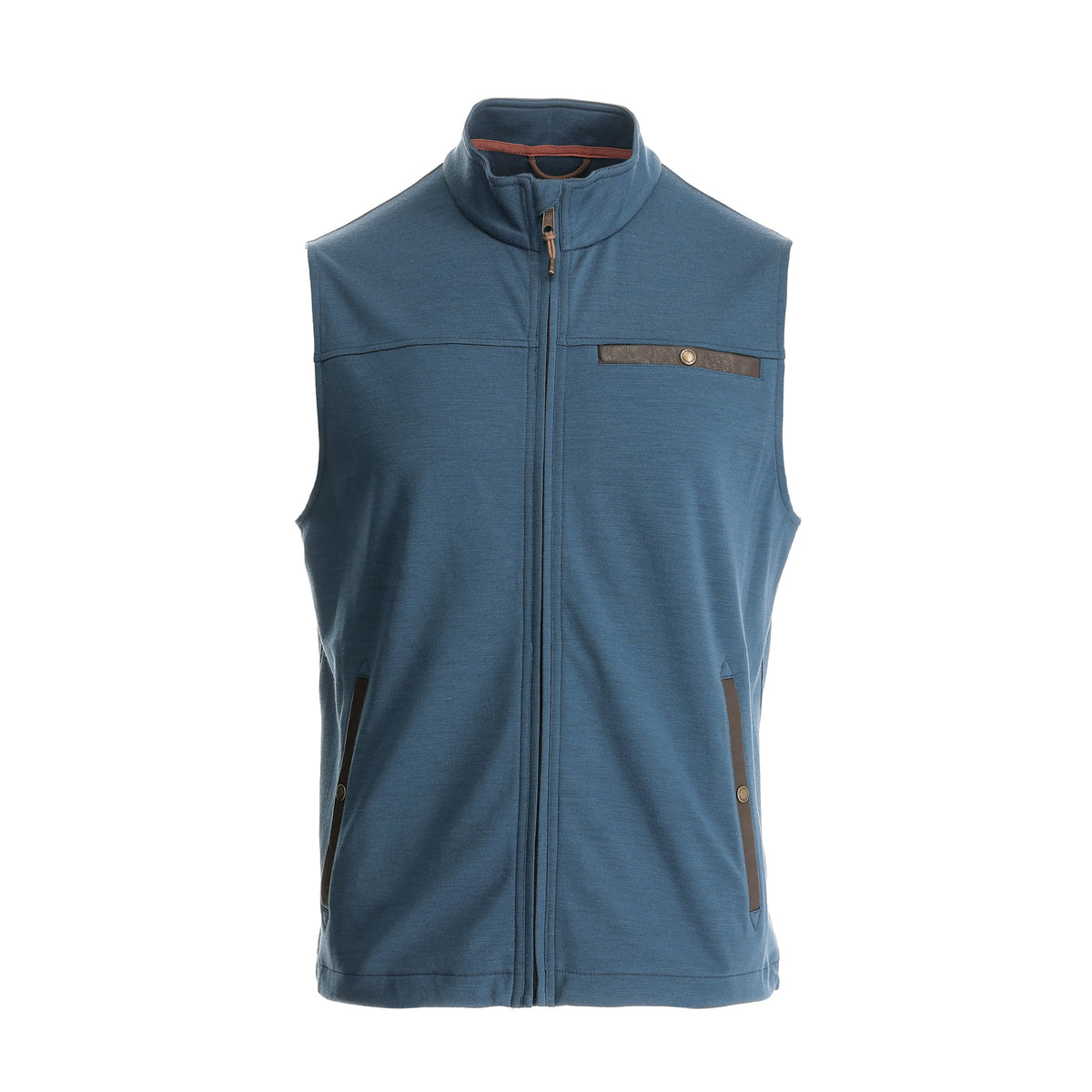 Tom Beckbe Tucker Fleece Vest: sleeveless blue zip vest with 3 pockets, ideal for layering, shown on white background.