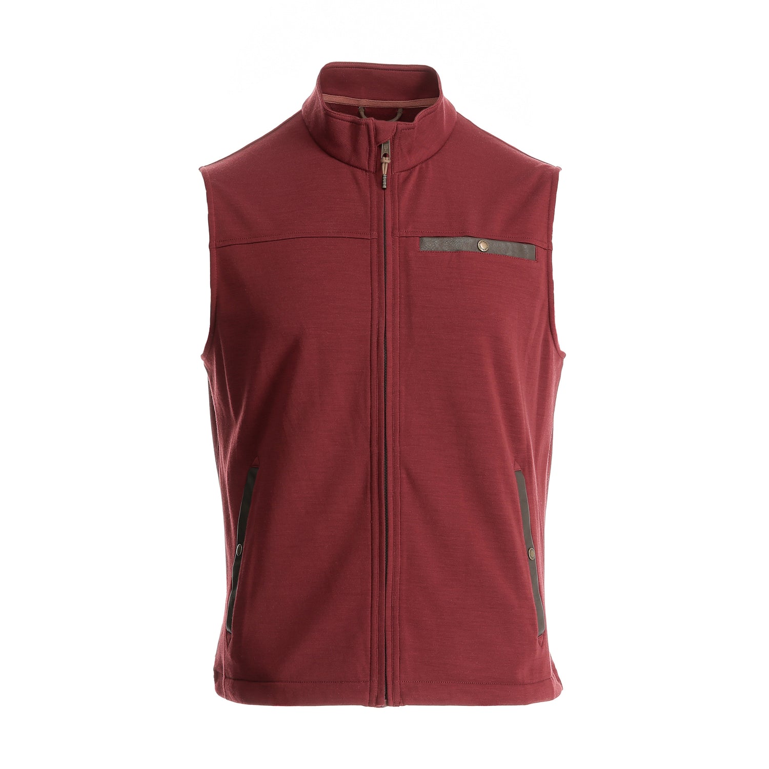 Tom Beckbe Tucker Fleece Vest: sleeveless maroon men’s layer with side pockets and chest zip for three-season comfort.