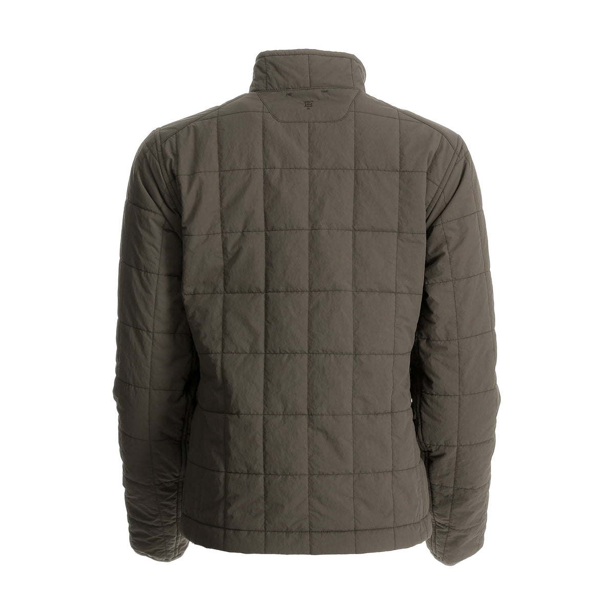 Back view of Tom Beckbe Women’s Tyler Quilted Jacket with high collar and water repellent olive green fabric.