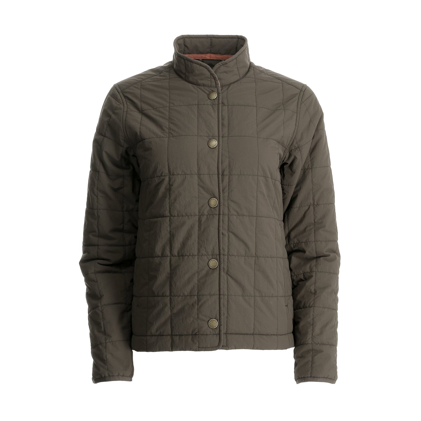 Tom Beckbe Women’s Tyler Quilted Jacket in olive with Repreve, snap buttons, and stand collar on white background.