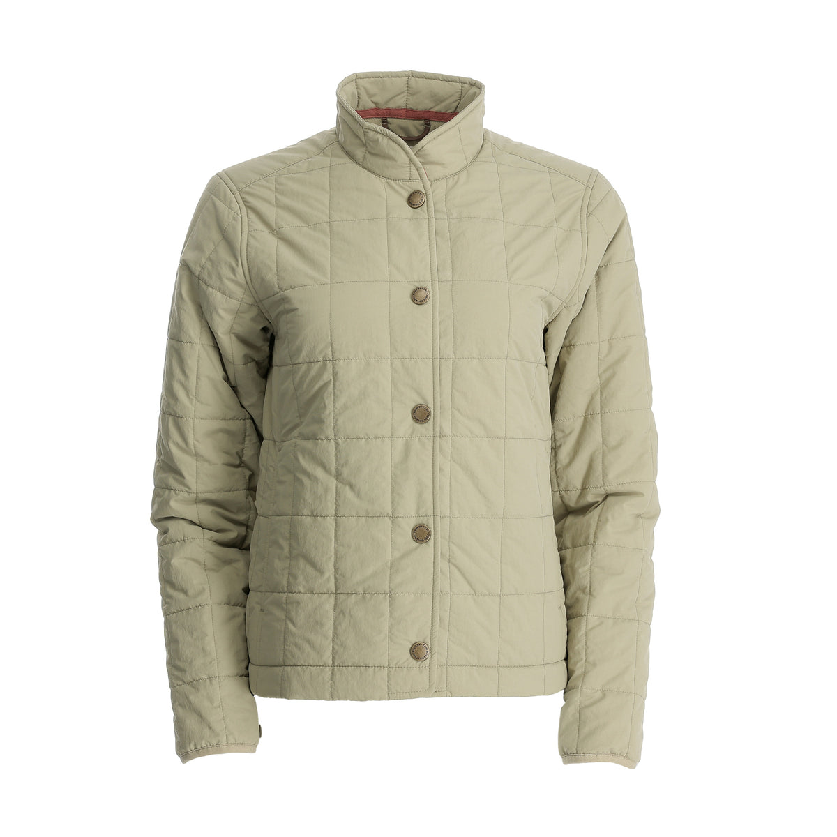 Tom Beckbe Women’s Tyler Quilted Jacket in light beige with Repreve fill and stand-up collar, shown on white.