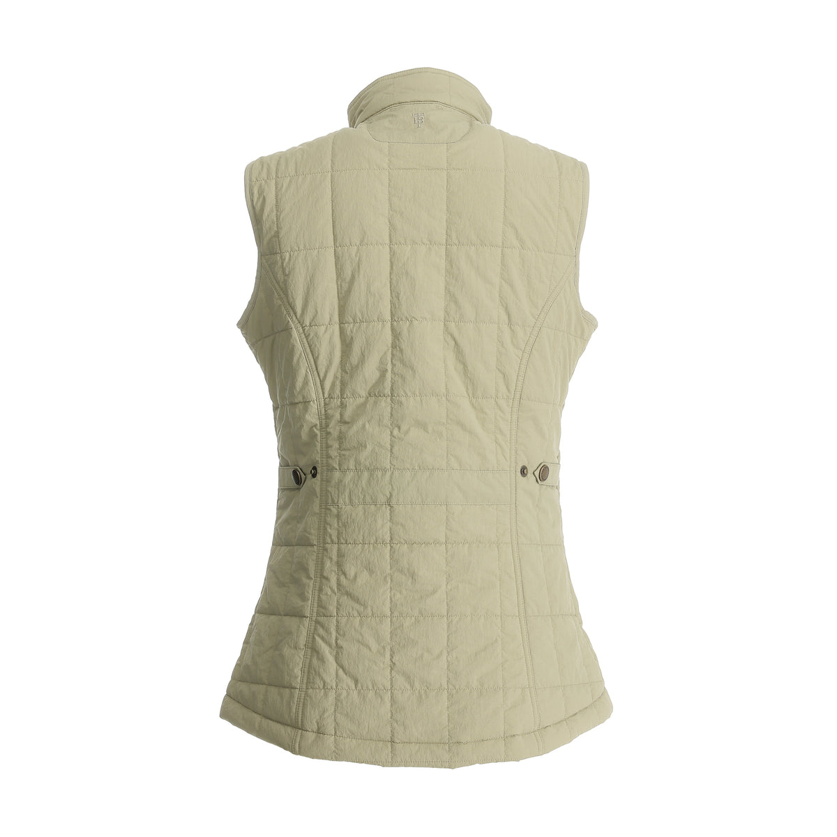 Back view of Tom Beckbe Women’s Tyler Quilted Vest with buttoned sides, stand collar, and sustainable design.