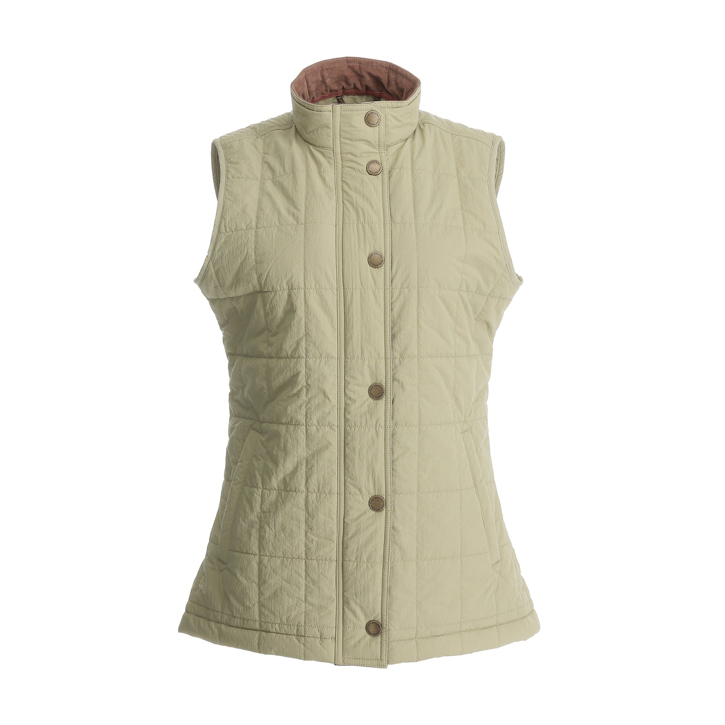 Tom Beckbe Women’s Tyler Quilted Vest: sleeveless, tan, high-collar, button-up; sustainable for any season.
