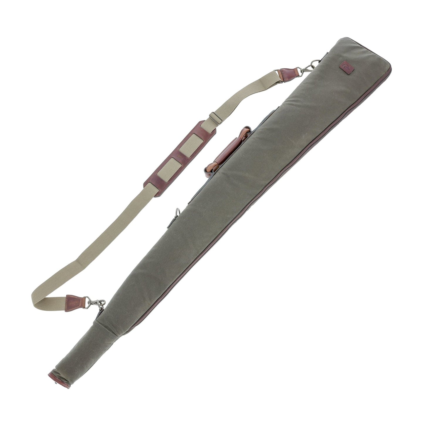 The Tom Beckbe DU Canvas Gun Sleeve is a padded, gray weatherproof shotgun case with handle and shoulder strap.