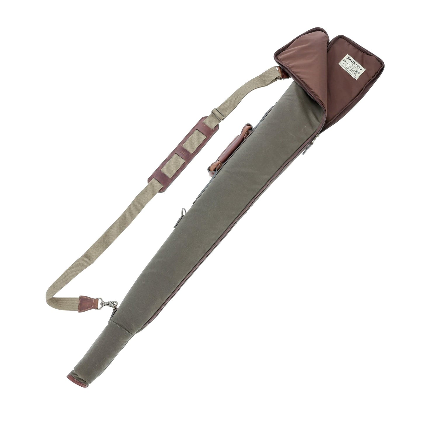 The Tom Beckbe DU Canvas Gun Sleeve is a padded green and brown case with shoulder strap, ideal for carrying your firearm.