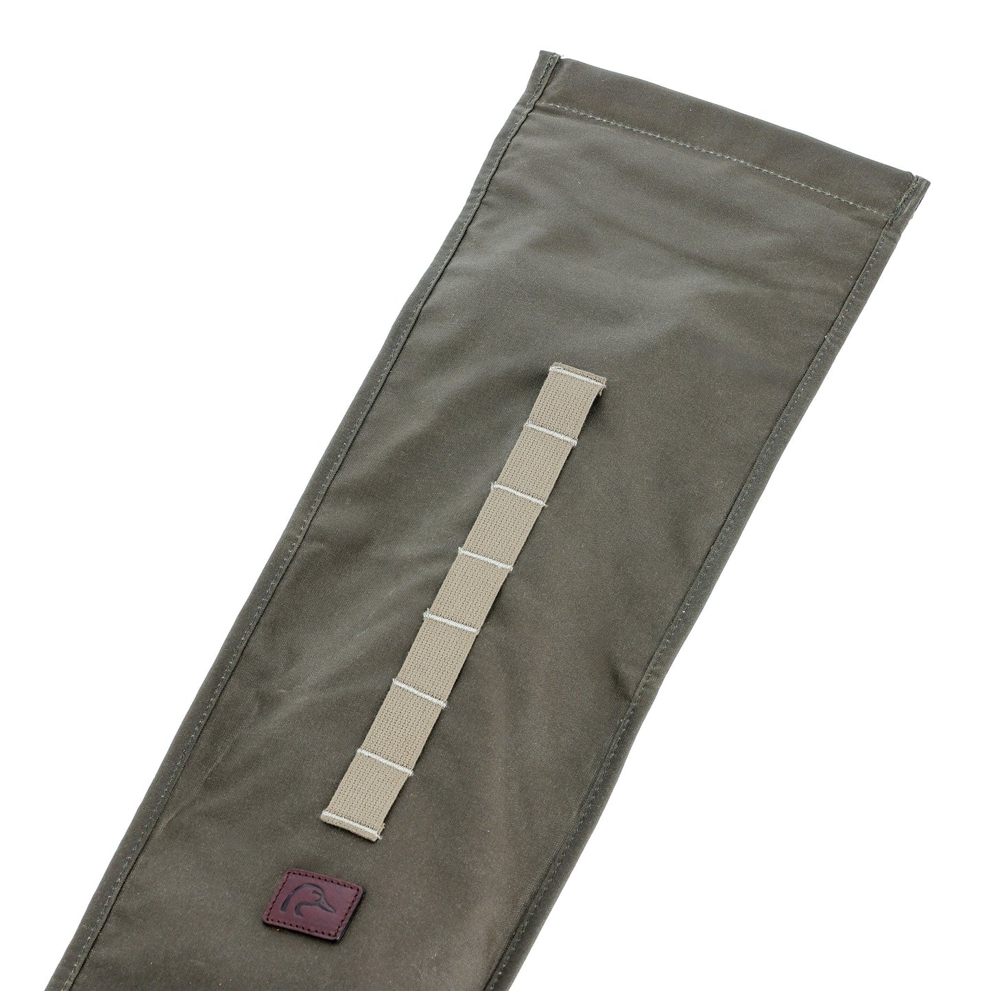 The Tom Beckbe DU Roll Top Gun Sleeve in olive green with stitched strap—ideal for waterfowl hunting gear.