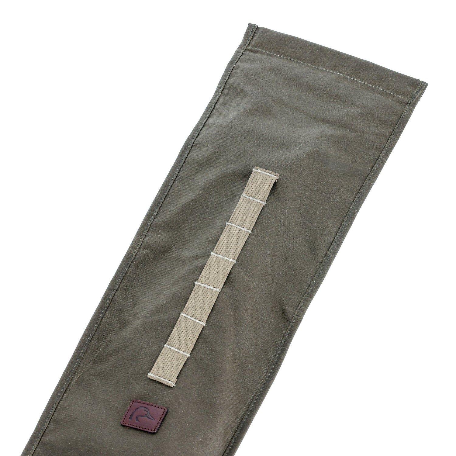 The Tom Beckbe DU Roll Top Gun Sleeve in olive green with stitched strap—ideal for waterfowl hunting gear.