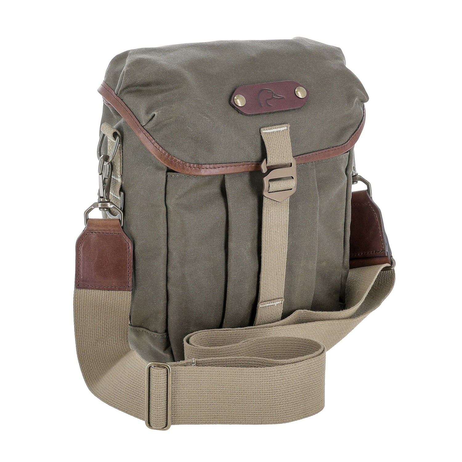 The Tom Beckbe DU Timber Bag is a khaki waxed canvas shoulder bag with brown leather accents and an adjustable beige strap.