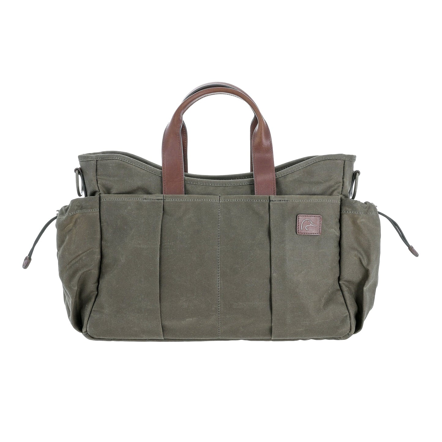 Tom Beckbe DU Canvas Utility Bag in green waxed cotton with brown leather handles and side pockets, shown on white.
