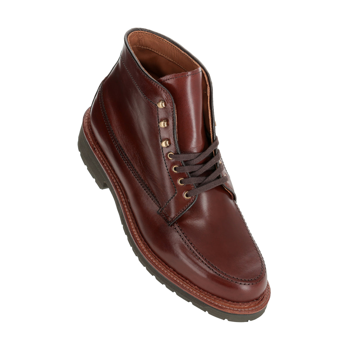 Tom Beckbe Alden Custom Guide Boot in Walnut: leather lace-up, Goodyear welt, rugged rubber sole.