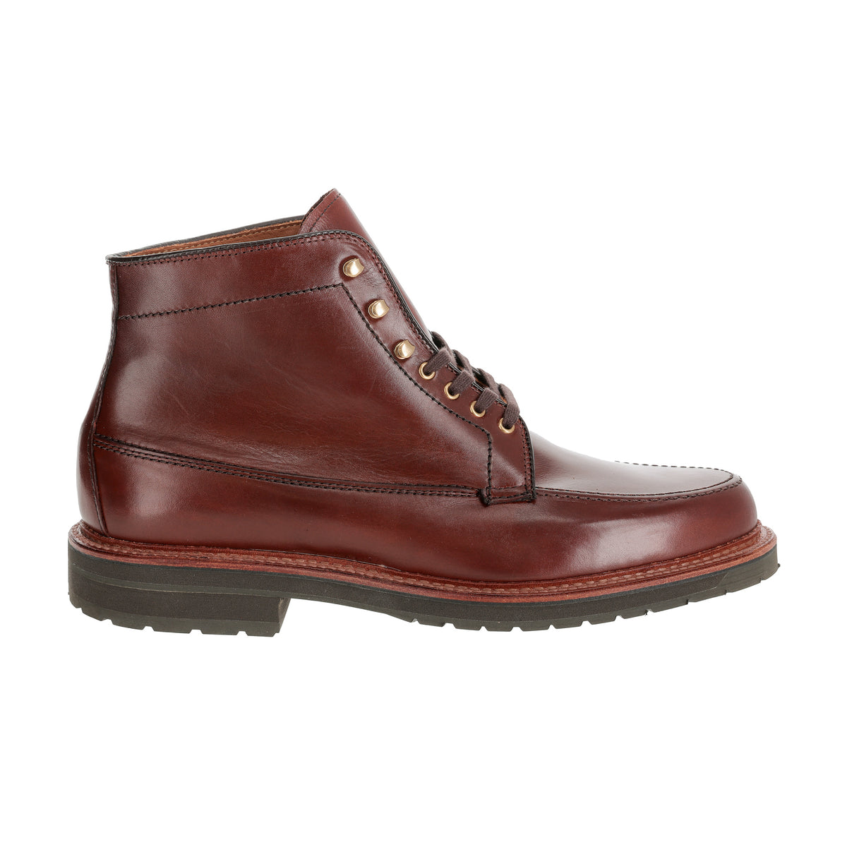 Tom Beckbe Alden Custom Guide Boot in brown leather, moc toe, Goodyear welt, rubber sole, side view shown.