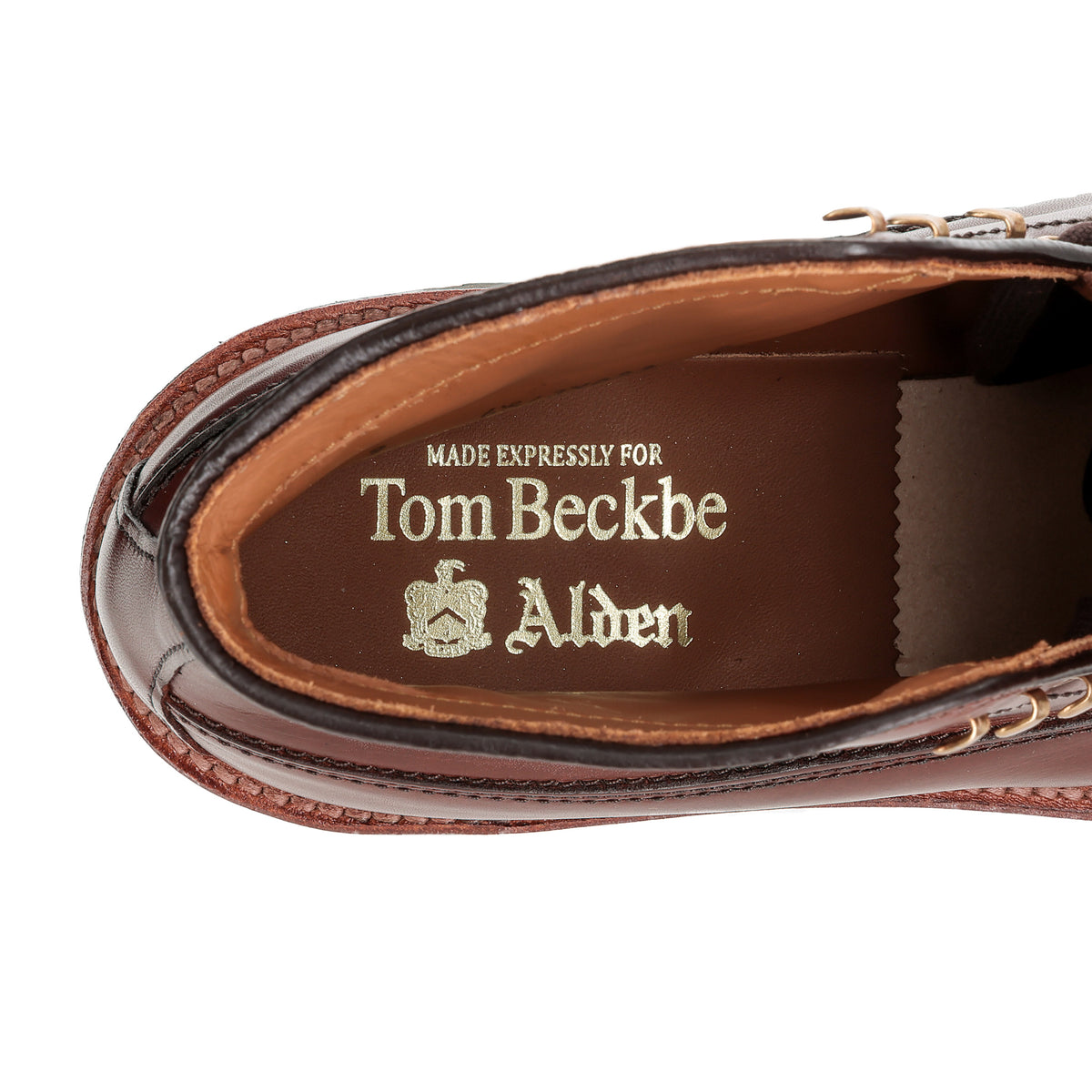 Close-up of Alden Custom Guide Boot insole with gold “Made expressly for Tom Beckbe Alden” lettering.