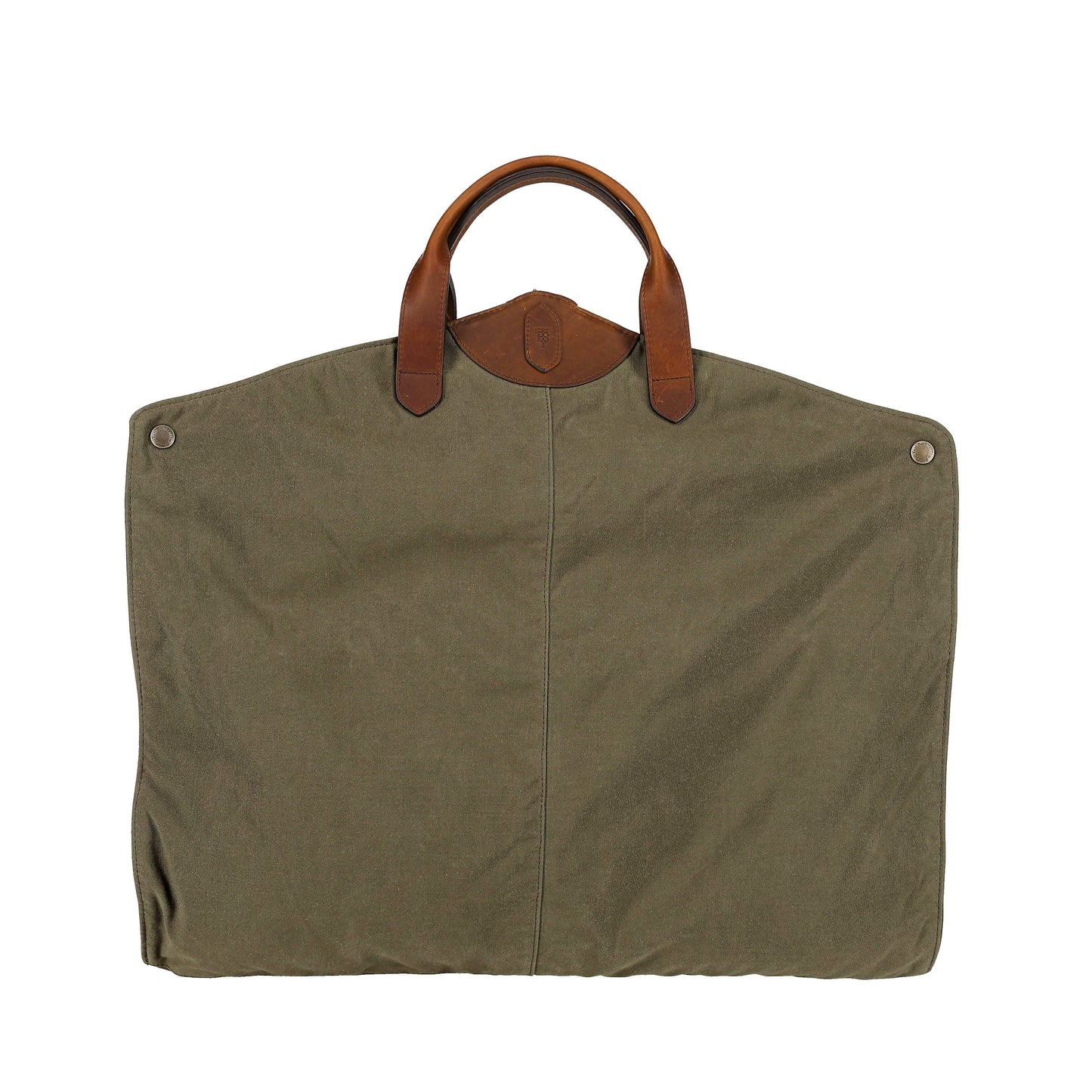 A large olive green Tom Beckbe Canvas Garment Bag with brown leather handles and metal rivets at the top corners.