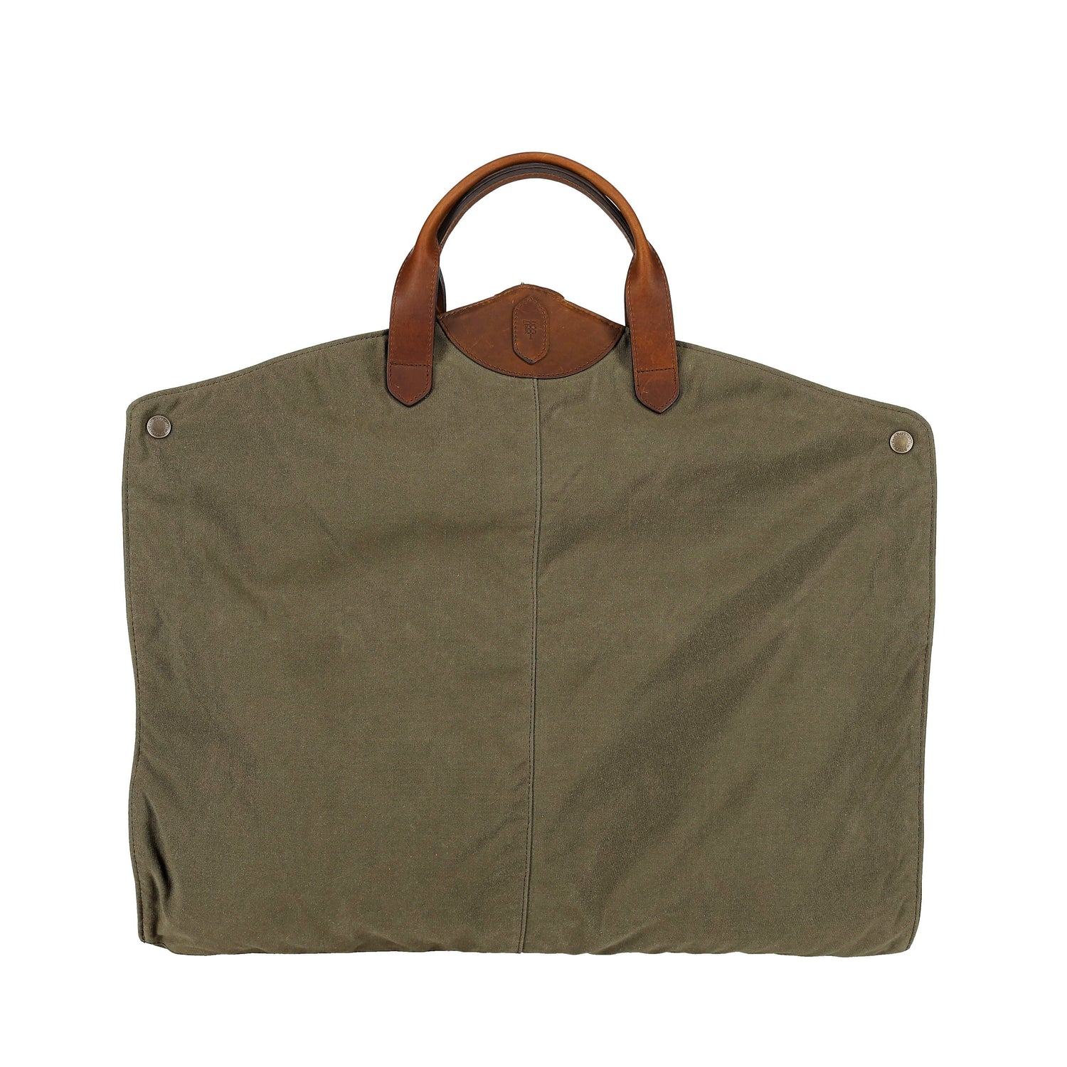 A large olive green Tom Beckbe Canvas Garment Bag with brown leather handles and metal rivets at the top corners.