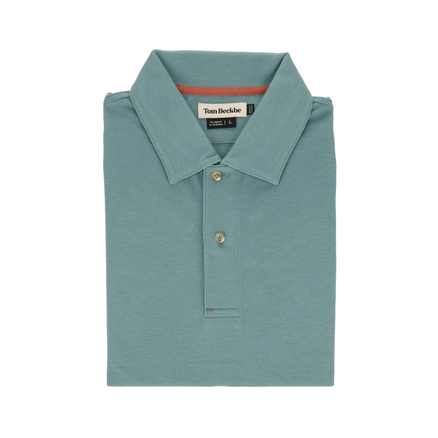 Coastal Polo Shirt by Tom Beckbe: green, featuring a label inside, buttoned placket, and pointed collar.