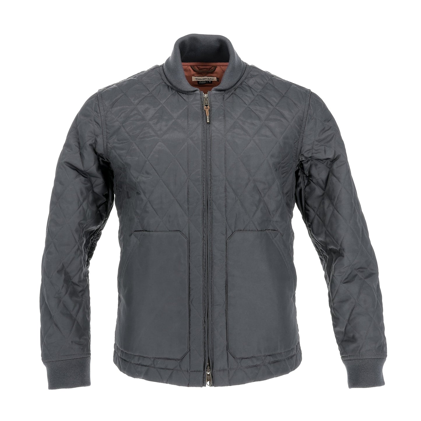 Tom Beckbe Logan Bomber Jacket in Graphite features insulation, front zipper, ribbed trim, and two large pockets.