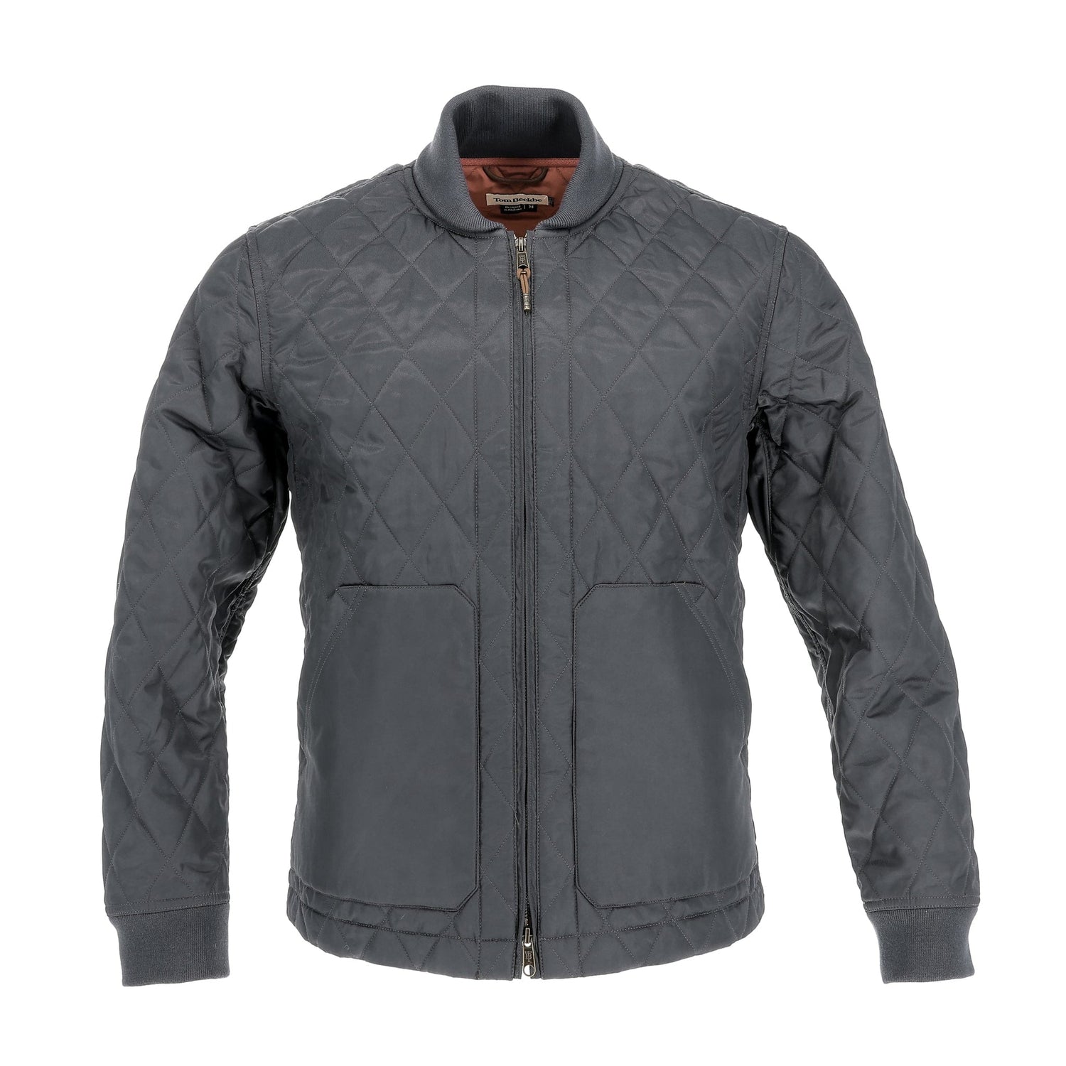 Tom Beckbe Logan Bomber Jacket in Graphite features insulation, front zipper, ribbed trim, and two large pockets.