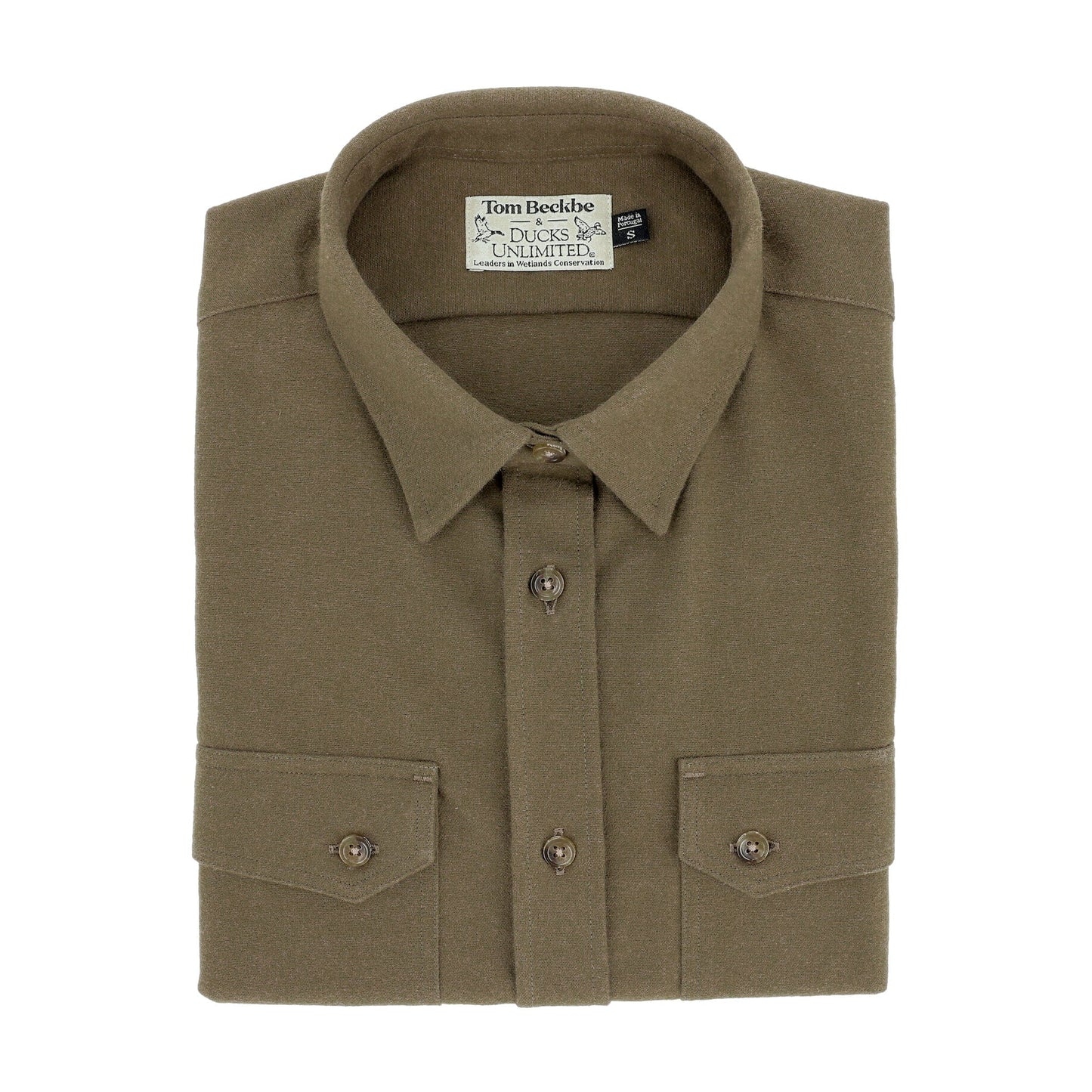 A folded olive Womens Mackay Moleskin Shirt by Tom Beckbe, featuring front pockets and a Ducks Unlimited collar label.