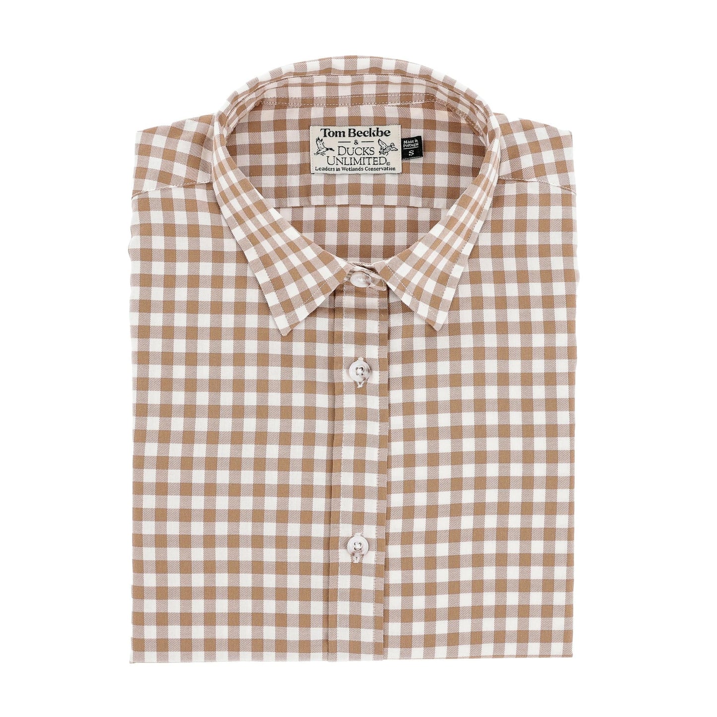 Folded Womens Smyth Cotton Twill Shirt in Nutmeg by Tom Beckbe, featuring a Ducks Unlimited label on the collar.
