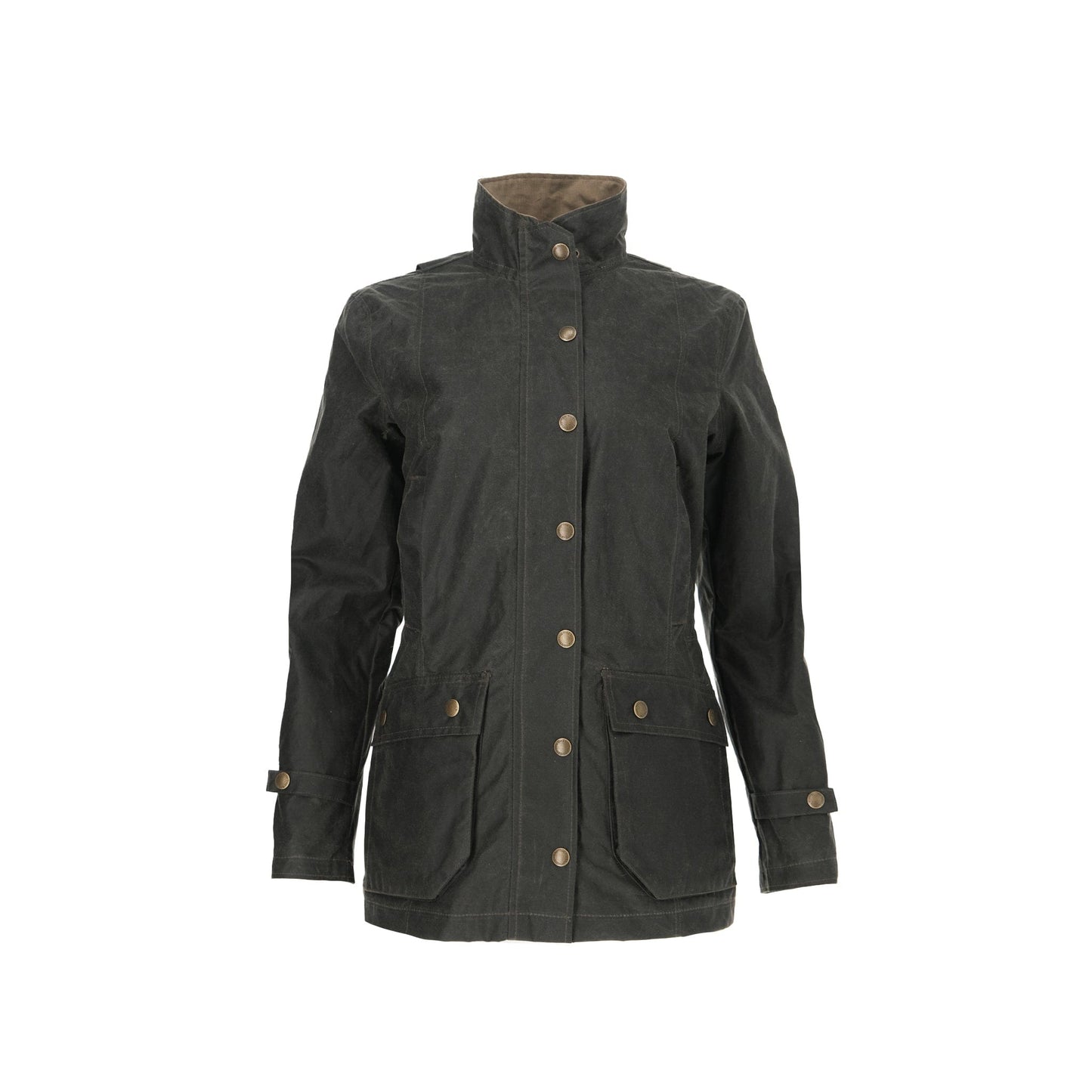 Tom Beckbes Womens Blakeley Jacket: a dark green, weatherproof cotton jacket with front buttons and large pockets.