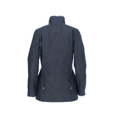The back view of a Women’s Blakeley Jacket by Tom Beckbe in dark navy, showcasing its high collar and button details on white.