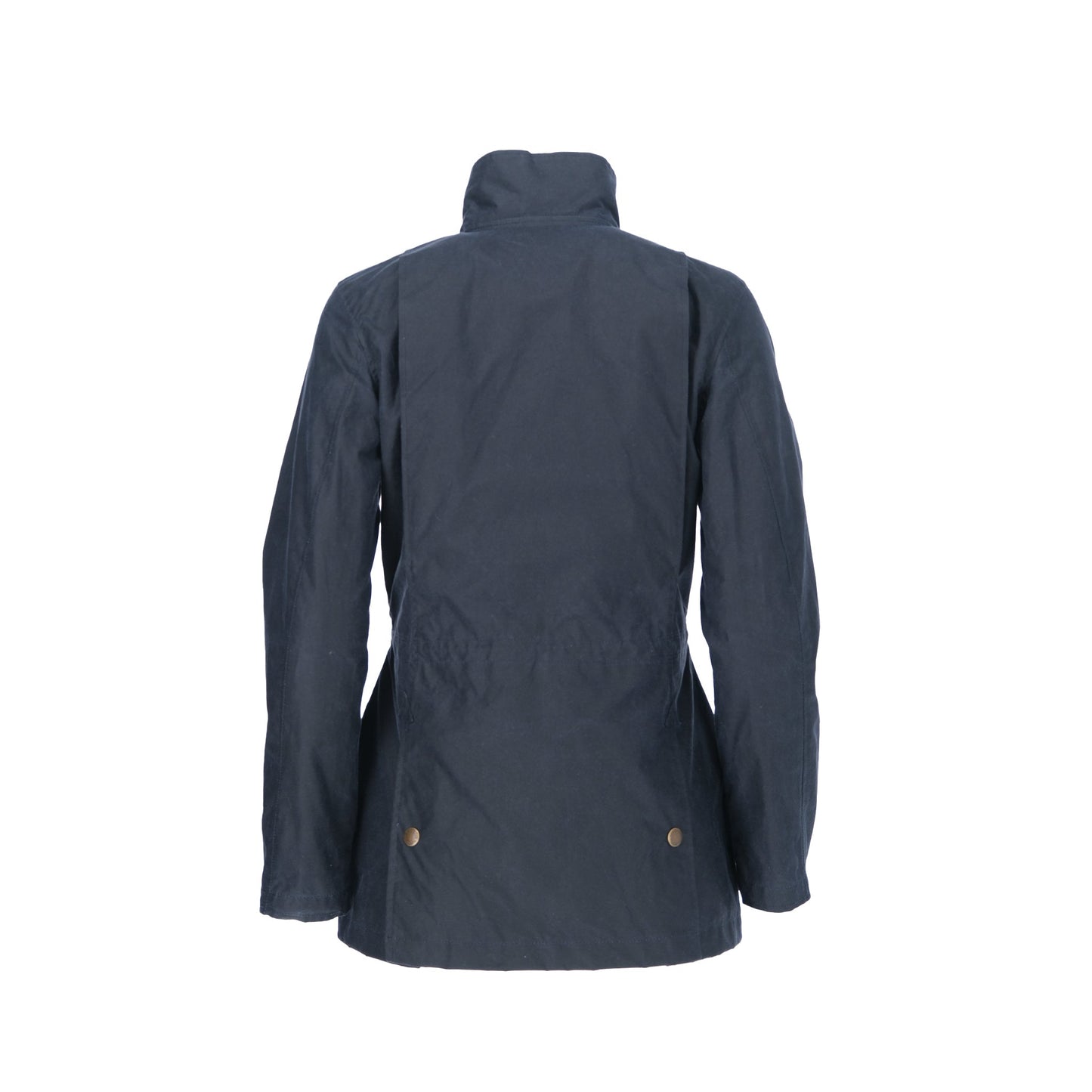 The back view of a Women’s Blakeley Jacket by Tom Beckbe in dark navy, showcasing its high collar and button details on white.