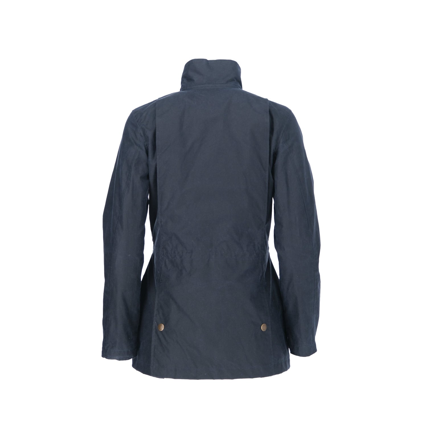 The back view of a Women’s Blakeley Jacket by Tom Beckbe in dark navy, showcasing its high collar and button details on white.