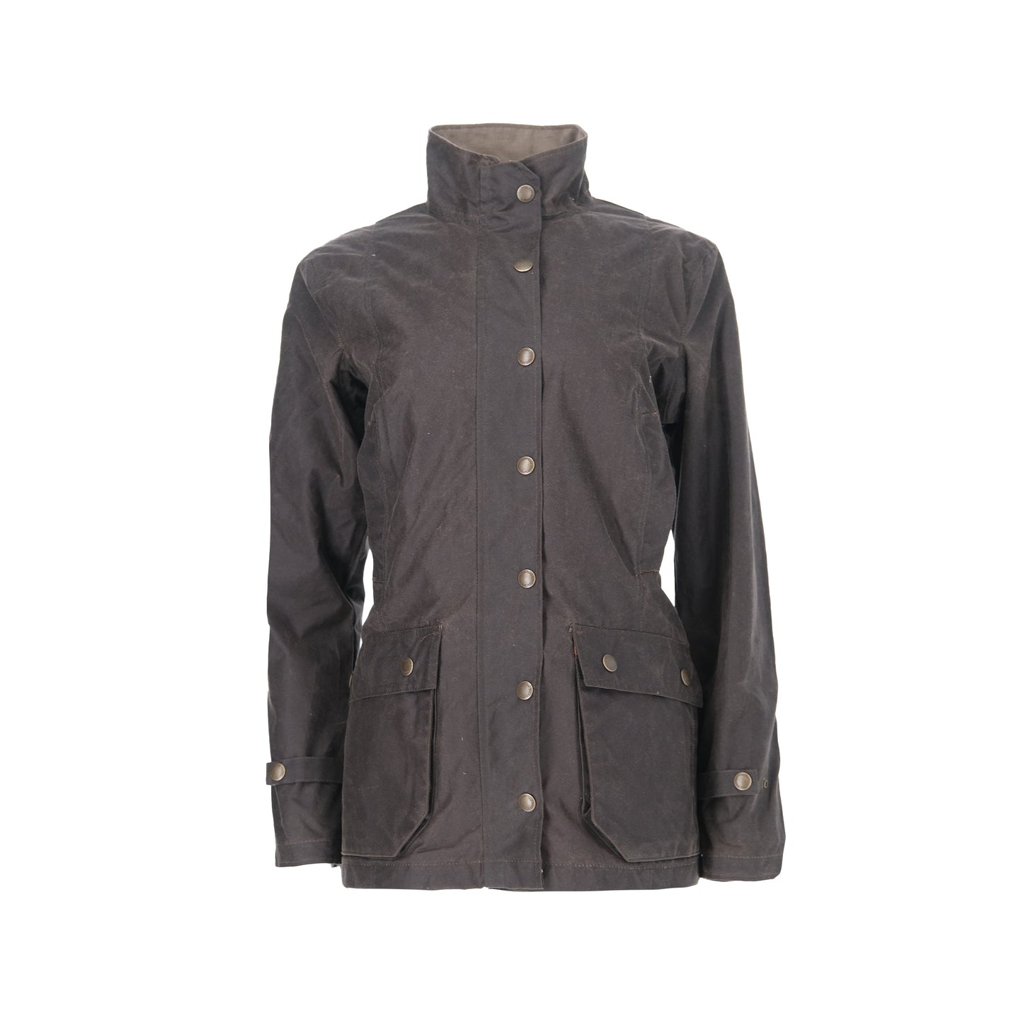 The Womens Blakeley Jacket by Tom Beckbe is a dark brown waxed jacket with a weatherproof cotton shell, high collar, button-up front, and large flap-closure pockets. Its design enhances a feminine silhouette and ensures durability with cuff button details.