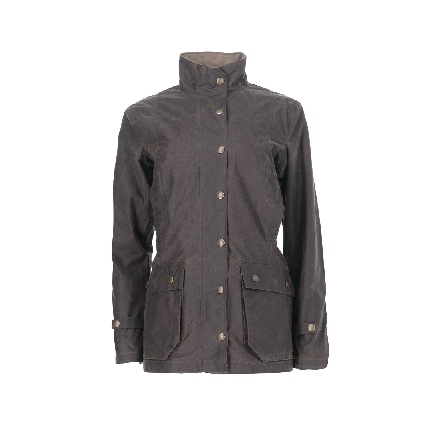 The Womens Blakeley Jacket by Tom Beckbe is a dark brown waxed jacket with a weatherproof cotton shell, high collar, button-up front, and large flap-closure pockets. Its design enhances a feminine silhouette and ensures durability with cuff button details.