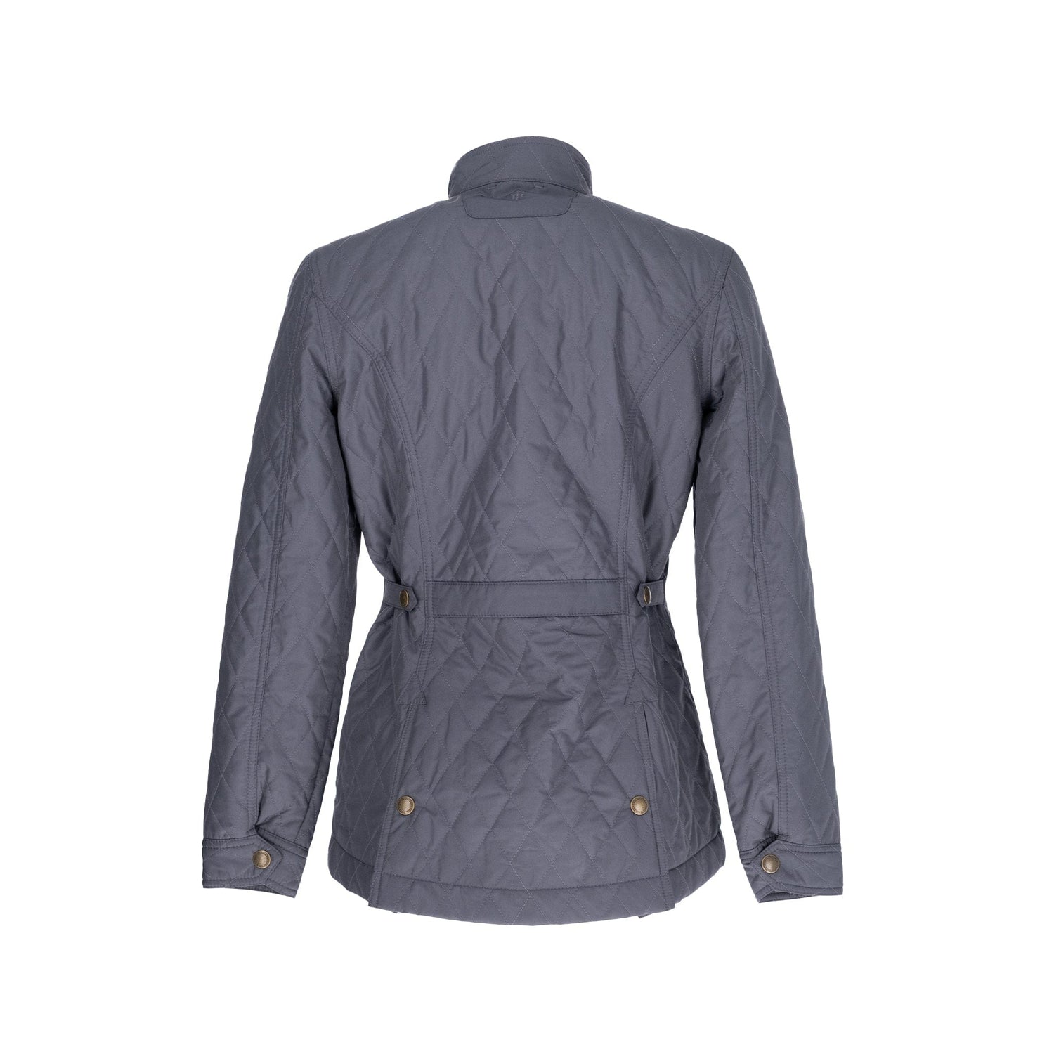 Back view of Tom Beckbe Womens Camden Quilted Jacket with gray, windproof synthetic shell, high collar, and buttoned cuffs.