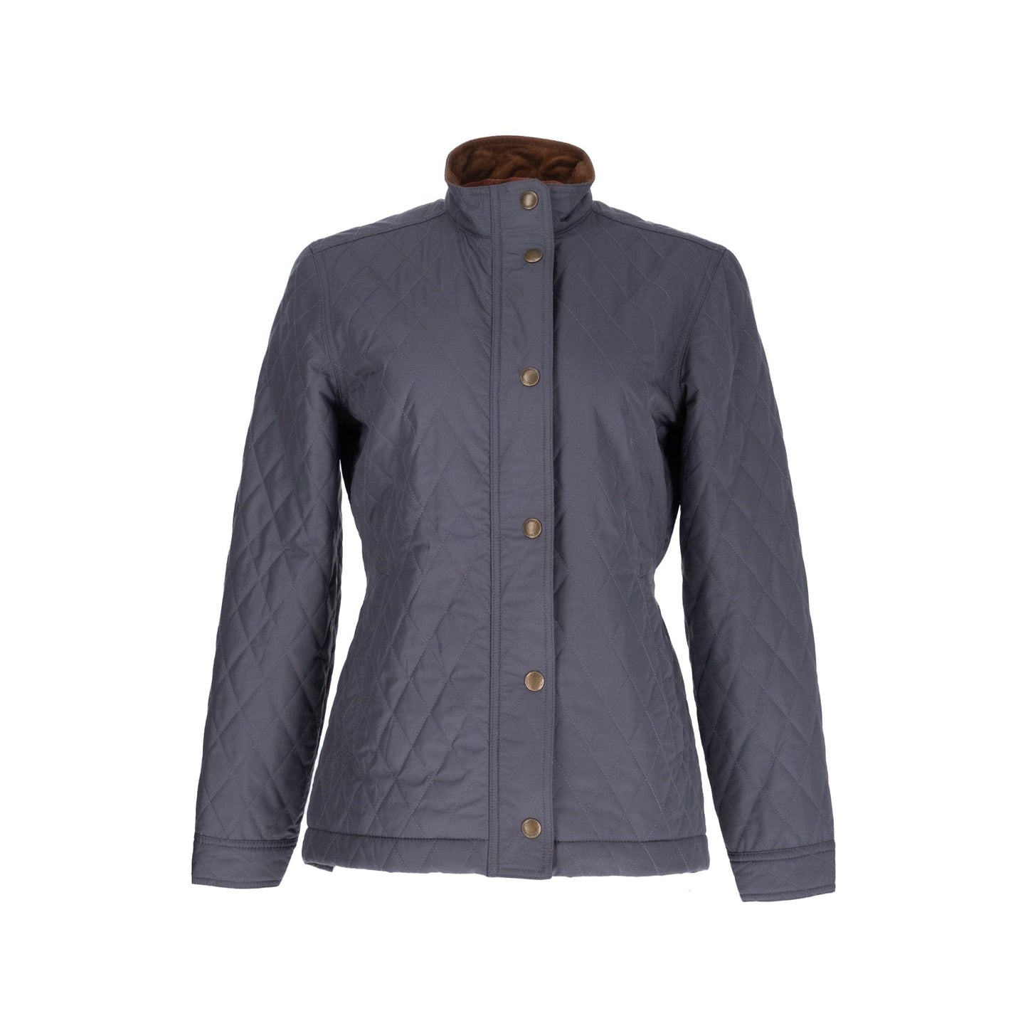 Tom Beckbe Womens Camden Quilted Jacket: Gray, premium low-loft insulation, high collar, button closure, long sleeves.