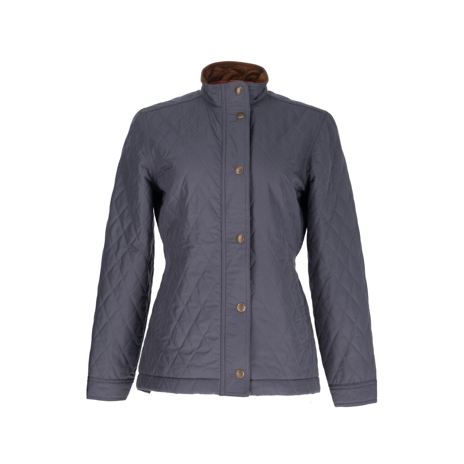 Tom Beckbe Womens Camden Quilted Jacket: Gray, premium low-loft insulation, high collar, button closure, long sleeves.