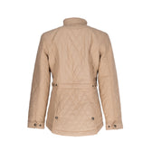 Tom Beckbes Womens Camden Quilted Jacket in beige features a high collar, windproof shell, buttons, and adjustable waist straps.